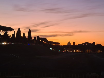 Rome, Night bus tour - Circo Massimo evening sky with Basilica di San Pietro